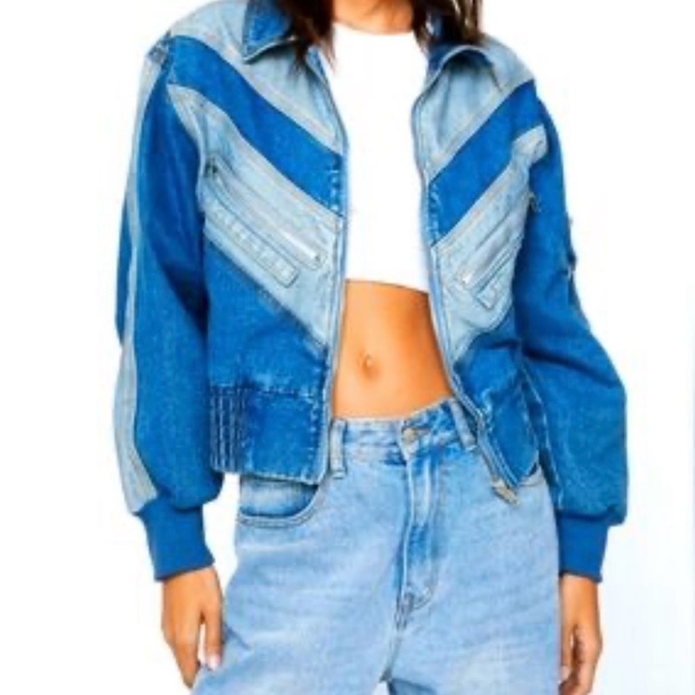 NWT Women’s Nasty Gal Denim Color Block Zip Detail Denim Bomber Jacket Sz M
